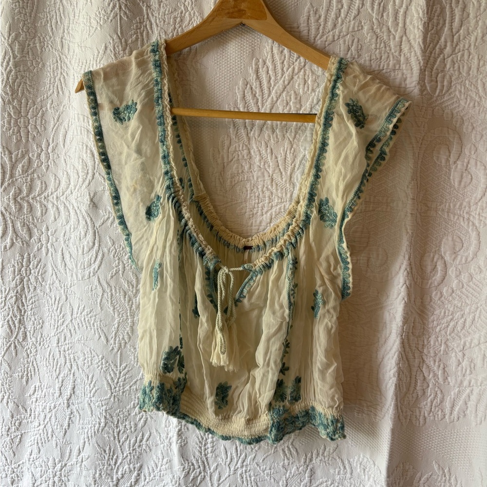 Free People Cream and Green Embroidered Blouse